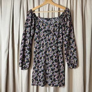 Miss Selfridge Black Floral Mini Dress Square Neck Puff Sleeve US 4